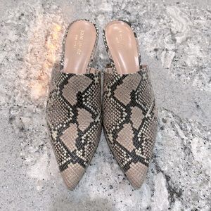 Kate Spade New York, kitten heel, snake skin mule. Size 8.5, 2.5” heel